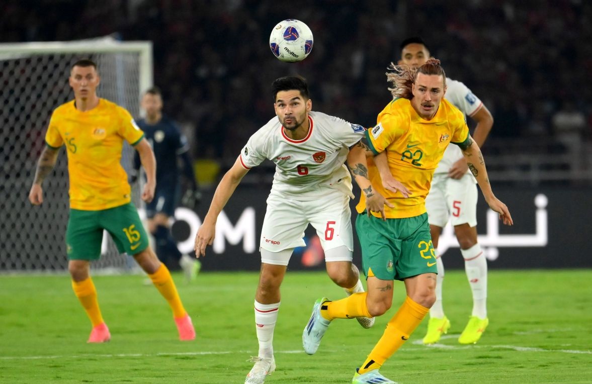 Pemain timnas Indonesia saat melawan Australia di SUGBK dalam ronde 3 kualifikasi Piala Dunia 2026 Zona Asia, beberapa waktu lalu. Pada 20 Maret 2025 nanti, giliran timnas Indonesia ke Australia.