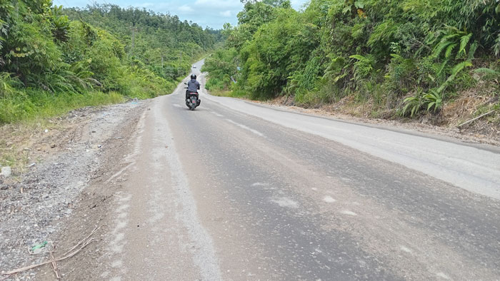 DIASPAL: Ruas Jalan Kuala Kurun-Palangka Raya tepatnya di Desa Rabauh, Kecamatan Sepang, yang telah diperbaiki Pemprov Kalteng.