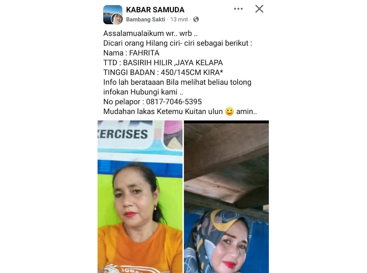 Seorang ibu rumah tangga asal Desa Basirih Hilir, Kecamatan Mentaya Hilir Selatan, Kabupaten Kotawaringin Timur (Kotim), dilaporkan hilang