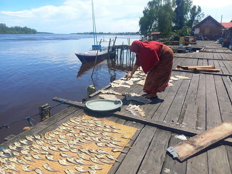STOK TERBATAS: Mita, salah satu pedagang ikan asin di Pasar Saik Kuala Pembuang saat menjemur dagangannya, Selasa (7/1).