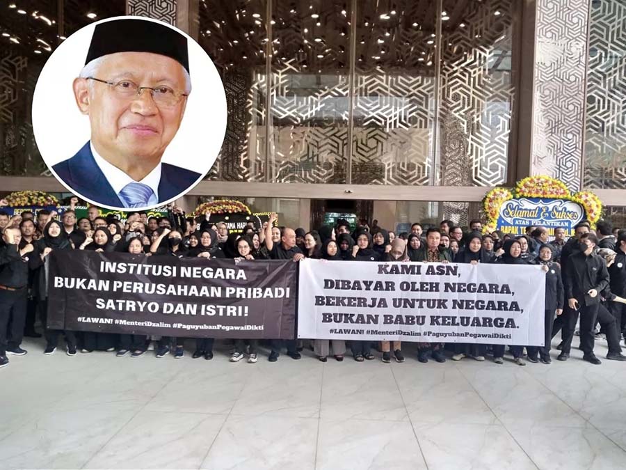 Para pegawai Kemendikti Saintek menggelar demo terhadap arogansi yang dilakukan Menteri Satryo Brodjonegoro.