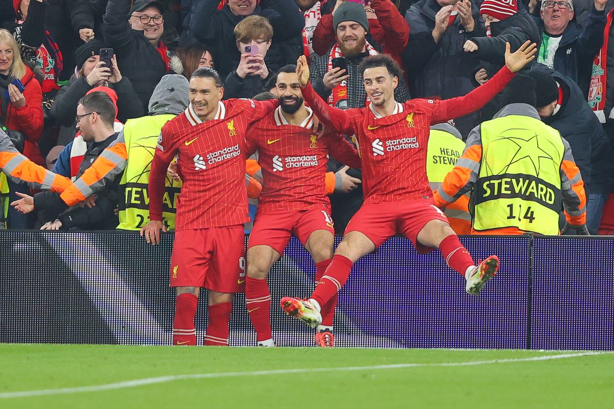 Pemain Liverpool saat selebrasi usai mencetak gol ke gawang Lille, di matchday 7 Liga Champions 2024/2025.