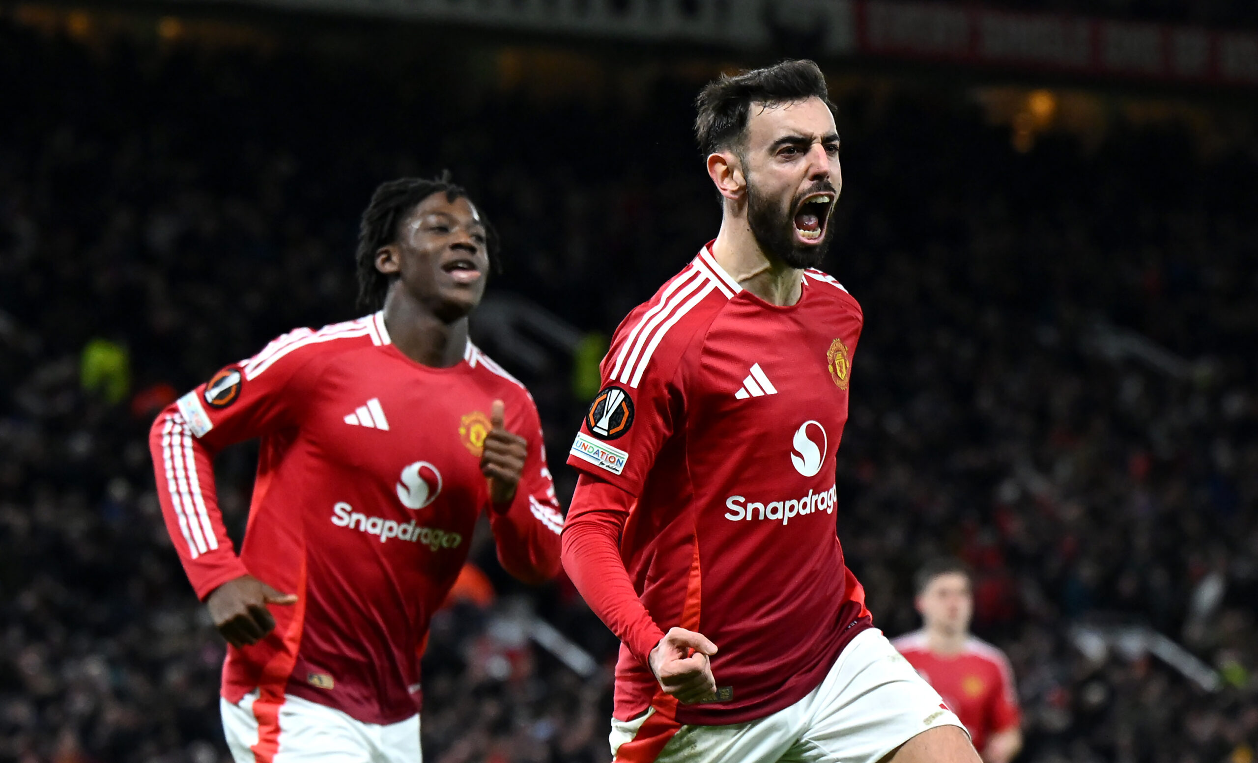 Pemain Manchester United saat selebrasi gol di pentas Europa League 2024/2025.