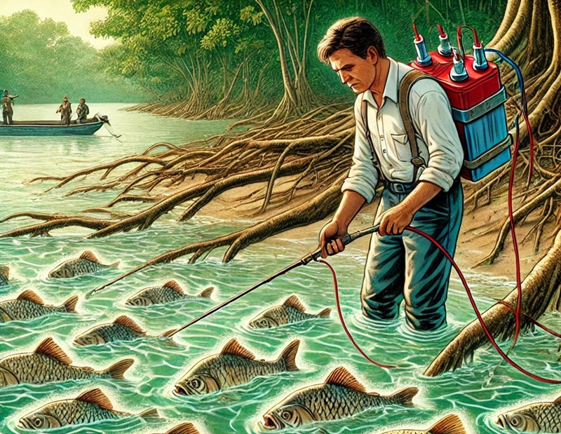 Ilustrasi Penyetruman Ikan (AI)