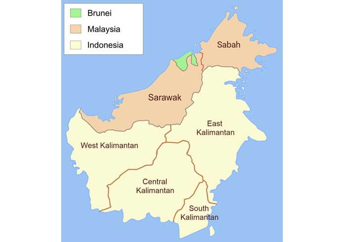 Peta Pulau Kalimantan yang sering disebut juga sebagai Borneo.