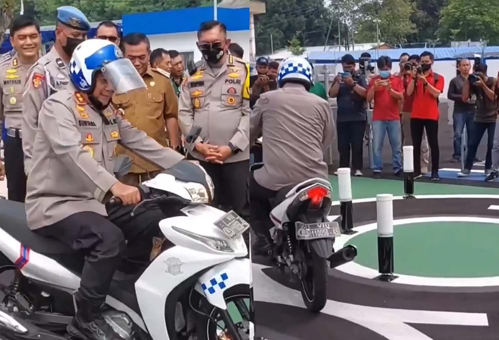 Tangkapan layar video yang kembali viral memperlihatkan jenderal polisi kesusahan saat mencoba sendiri trek ujian praktik SIM C. (Platform X).
