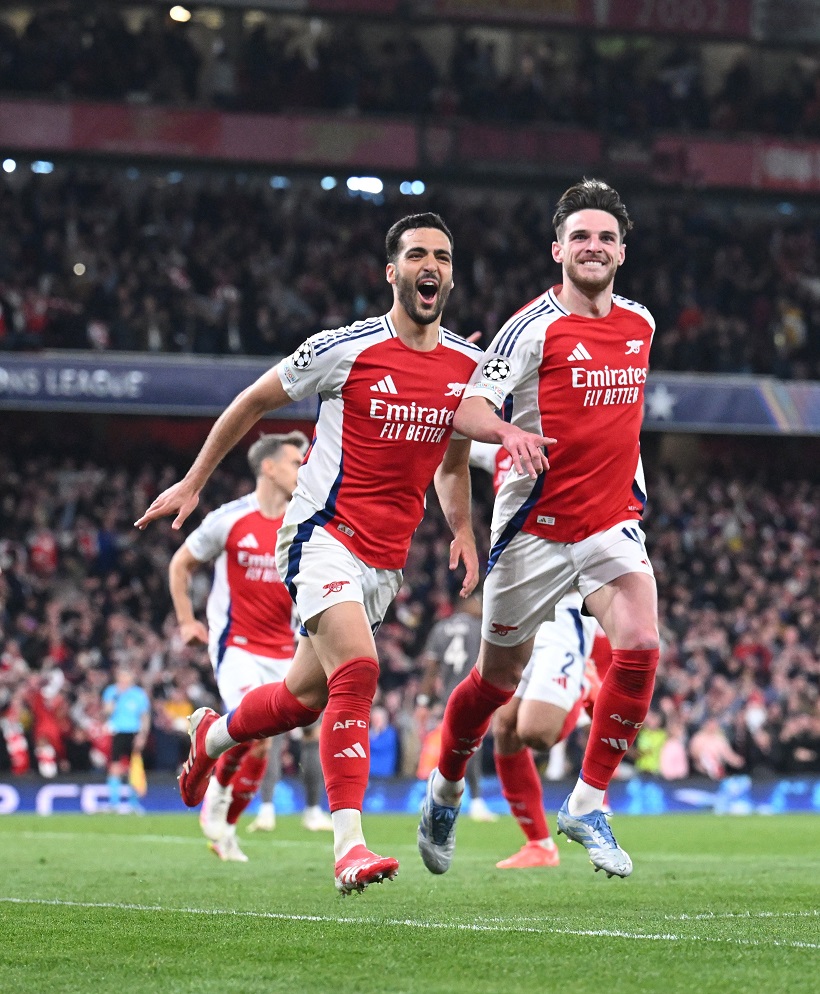 Selebrasi Pemain Arsenal usai mencetak gol ke gawang Real Madrid dalam leg 1 perempat final UCL 2024/2025.