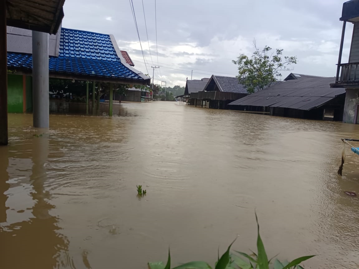 TERDAMPAK BENCANA: Kondisi banjir di Desa Bajuh, Kapuas Tengah, merendam rumah warga setempat.&nbsp;YOURDI UNTUK RADAR SAMPIT