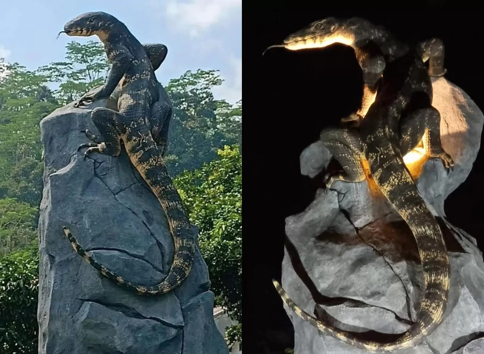 Sebuah tugu berbentuk biawak di Desa Krasak, Kecamatan Selomerto, Kabupaten Wonosobo, Jawa Tengah, menjadi perbincangan hangat di media sosial. (Foto: sosmedkeras/X)