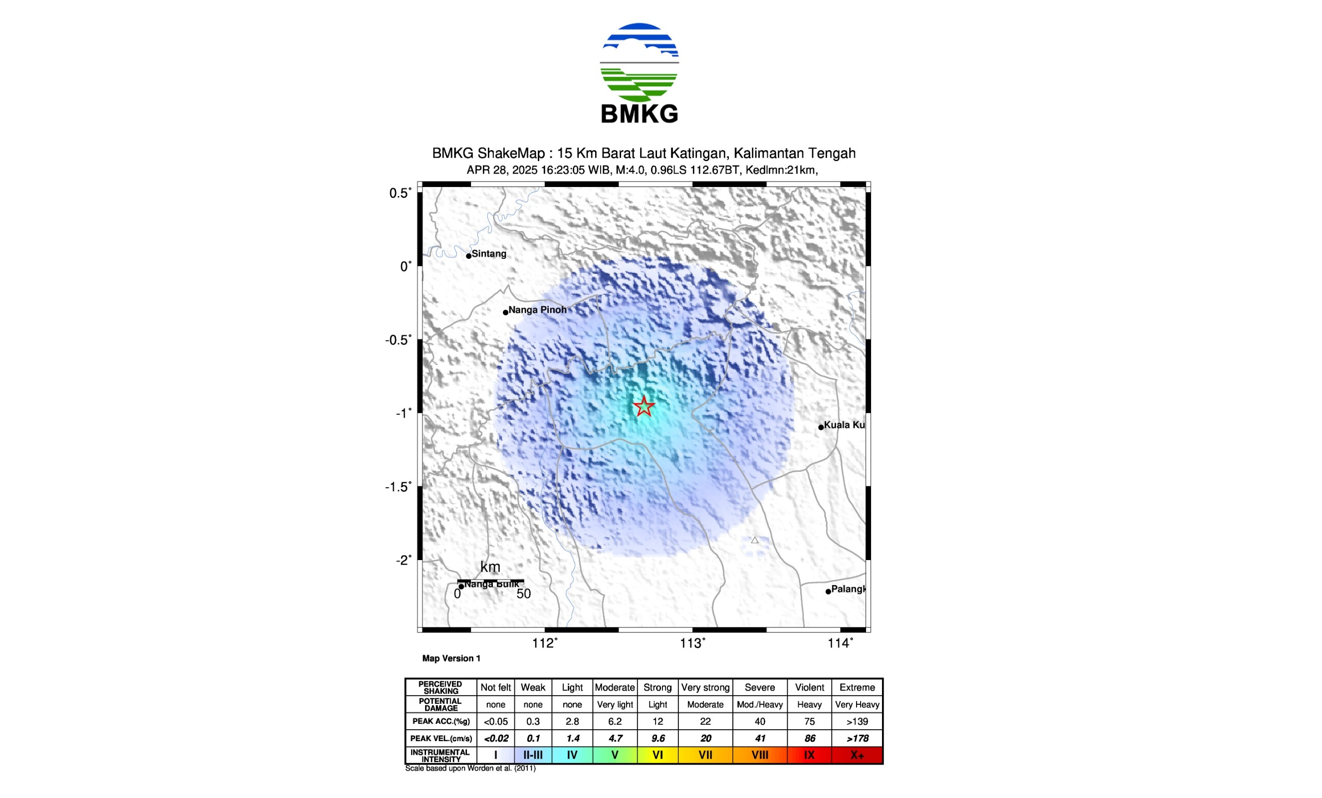 Titik koordinat lokasi gempa di Kabupaten Katingan, Senin (28/4/2025) (BMKG)
