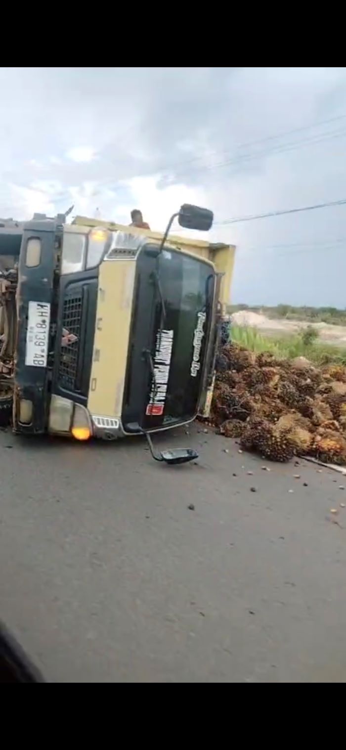 CELAKA : Dump truk bermuatan buah kelapa sawit terguling di Jalan Jenderal Sudirman, kilometer 22, Sampit, Jumat (23/05/2025). WARGA FOR RADAR SAMPIT