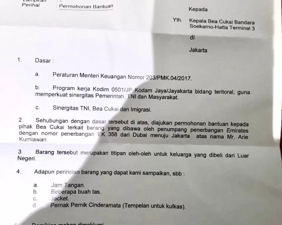 Beredar di Media Sosial, Dandim Jakarta Pusat Surati Bea Cukai Bandara-Soekarno Hatta. (Istimewa/jawapos.com)