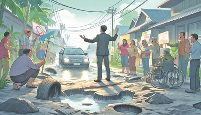 Ilustrasi jalan rusak (AI)
