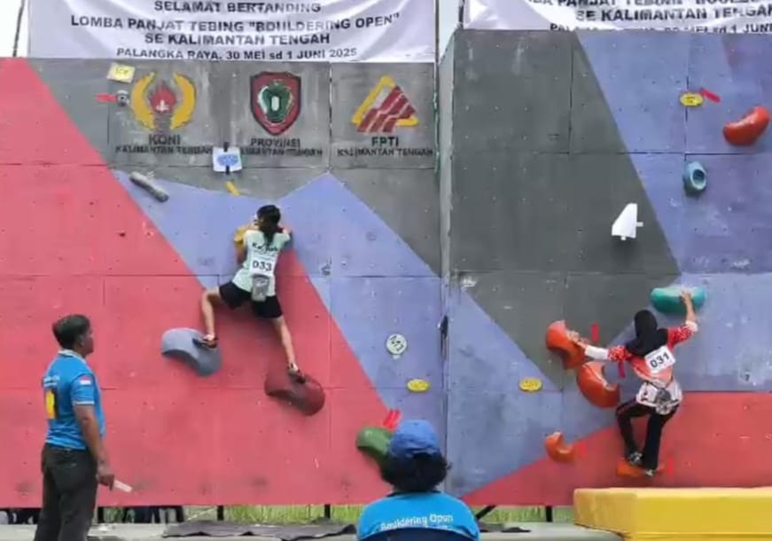 LOMBA: Aidilla Alfiandri (kiri) saat beraksi di kejuaraan Bouldering Open di Palangka Raya belum lama tadi. (Ipit For RADAR PANGKALAN BUN)