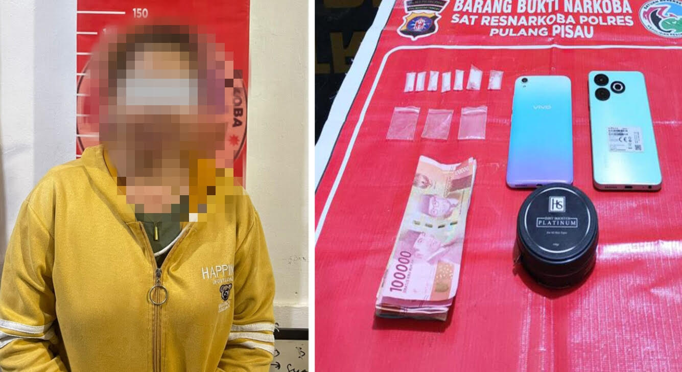 DISELIDIKI: Pelaku peredaran narkotika jenis sabu inisial DW saat diamankan di Mapolres Pulang Pisau, beserta barang bukti.