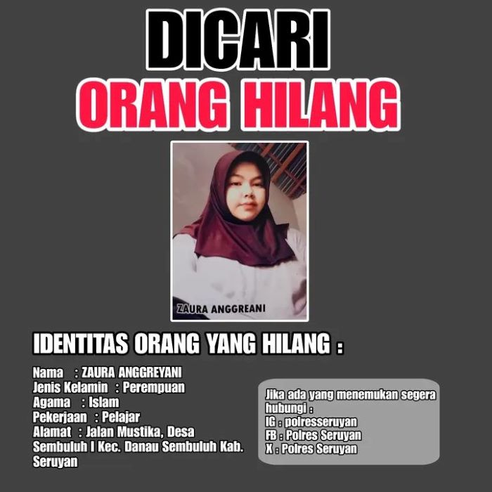 ORANG HILANG: Remaja putri asal Desa Sembuluh I, Kabupaten Seruyan dilaporkan hilang. FOTO: TANGKAPAN LAYAR/RADAR SAMPIT