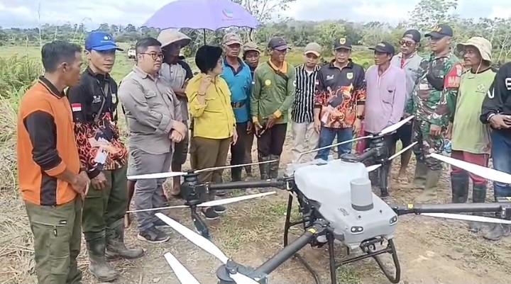 Teknologi pertanian canggih berupa drone yang dipakai di lahan sawah, Kelurahan Tewah Kecamatan Tewah, Gunung Mas,  Minggu (22/6).
