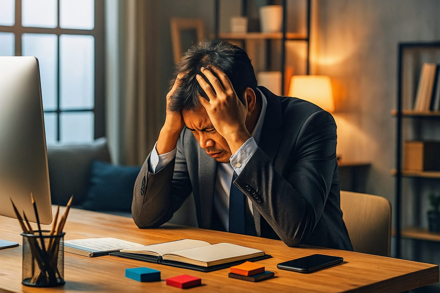 Ilustrasi pekerja internet tampak stres. (Dibuat dengan AI)