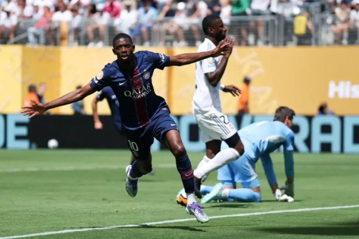 Selebrasi pemain PSG Ousmande Dembele usai mencetak gol ke gawang Real Madrid pada semifinal Piala Dunia Antarklub 2025.