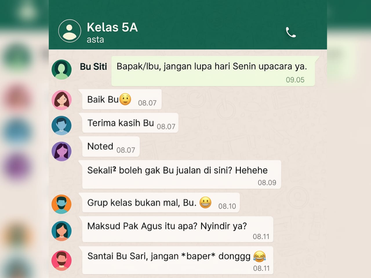 Ilustrasi obrolan orang tua di grup WhatsApp kelas. (Dibuat dengan akal imitasi)