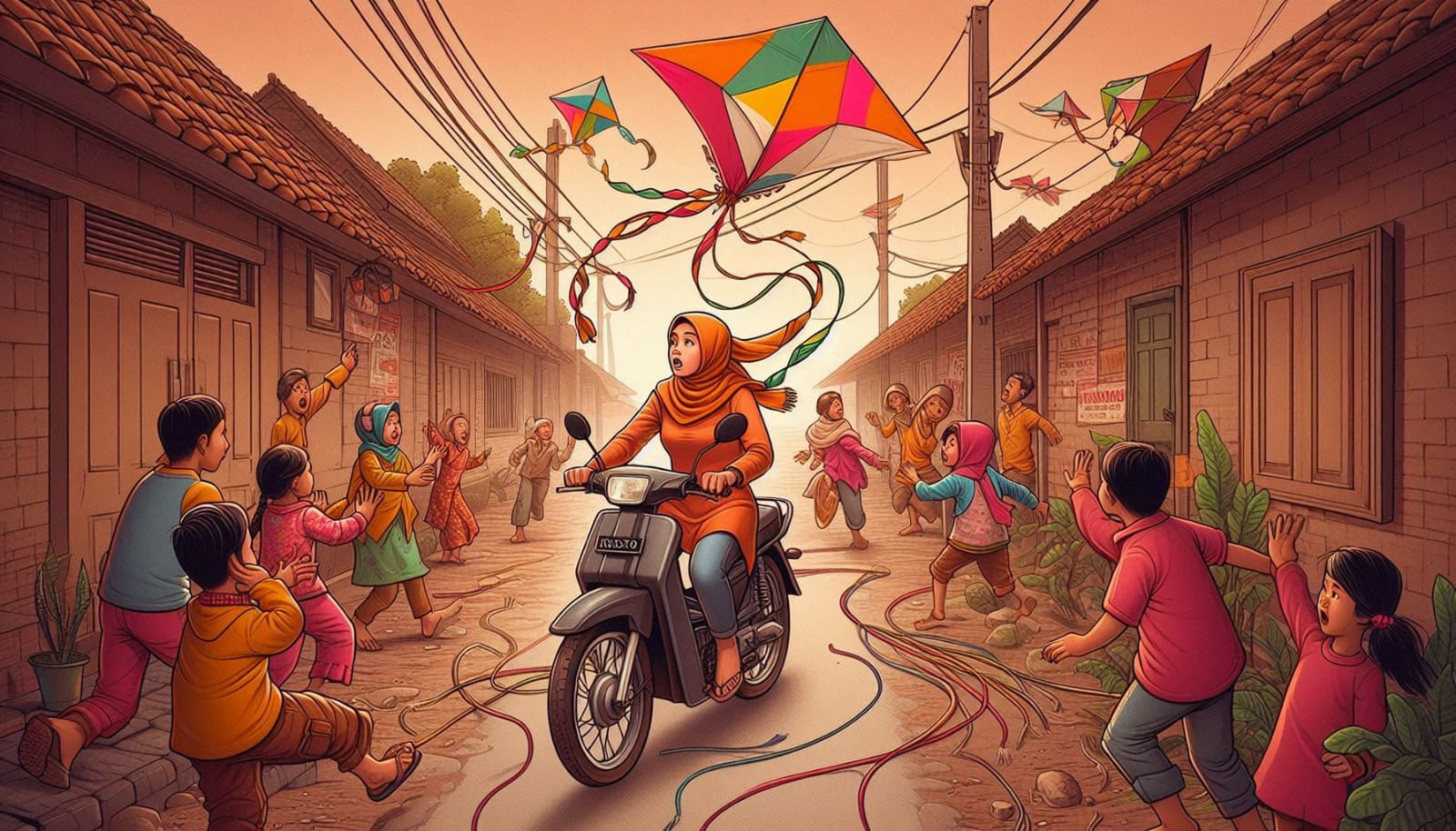 Ilustrasi bahaya benang layangan membentang di Jalan. (Dibuat dengan akal imitasi)
