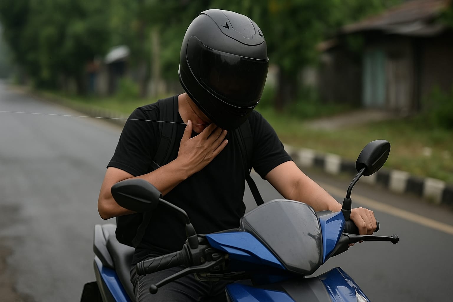 Ilustrasi pengendara sepeda motor terjebak senar tajam dari layangan. (Dibuat dengan akal imitasi)