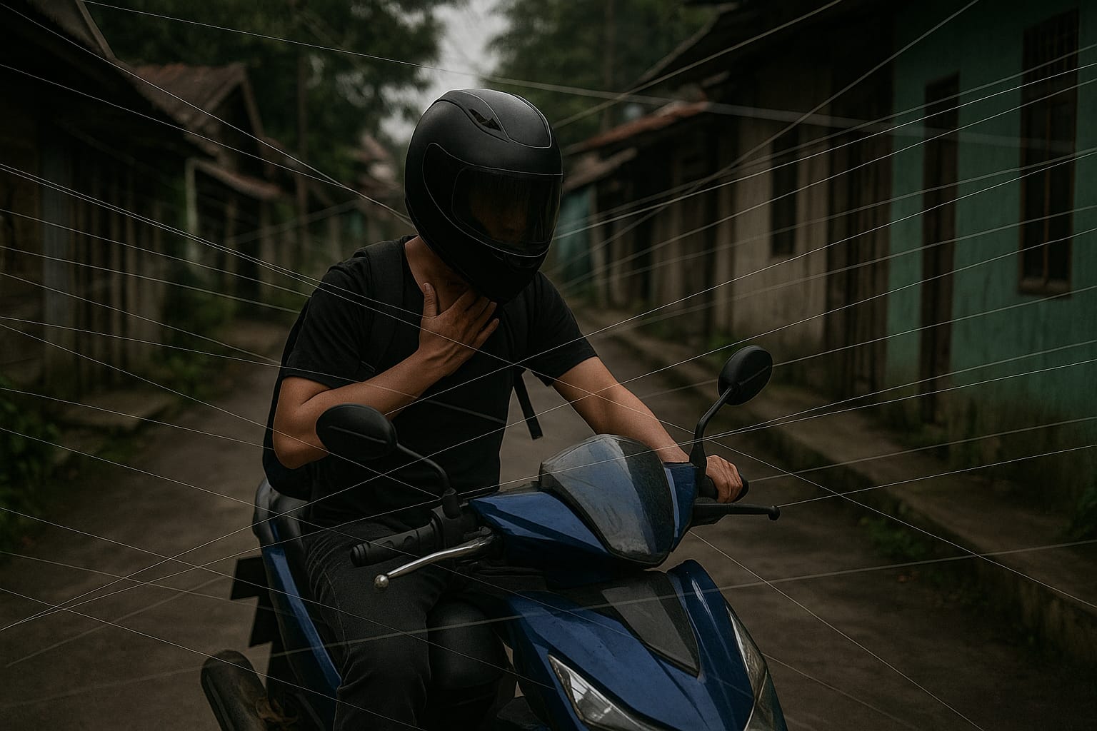 Ilustrasi benang layangan yang menjerat pengendara motor. (AI)