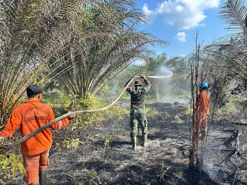 Tim memadamkan api kebakaran lahan di dekat pemukiman warga di sekitar Kota Nanga Bulik Kabupaten Lamandau.