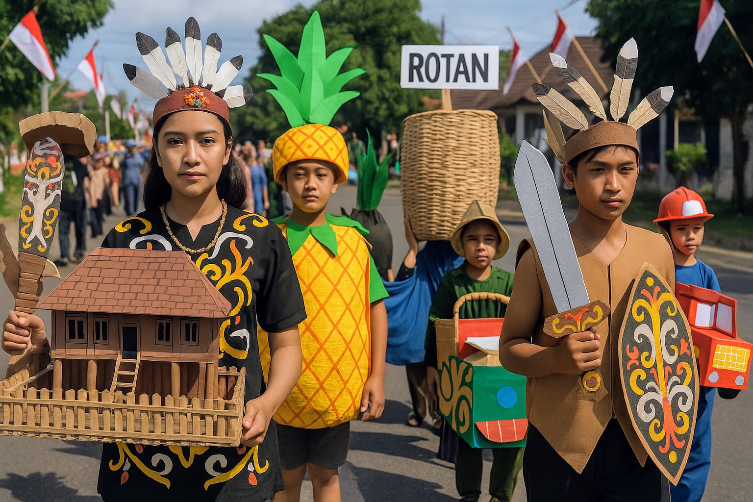 Ilustrasi pawai karnaval dalam rangka memperingati Hari Ulang Tahun ke - 80 Kemerdekaan Indonesia. (Dibuat dengan akal imitasi)