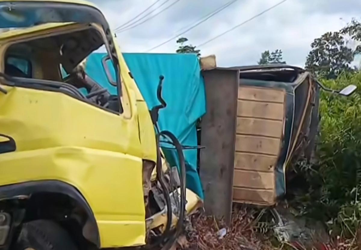 RINGSEK: Truk yang terlibat kecelakaan lalu lintas di Jalan Ahmad Shaleh kilometer 20 terlihat ringsek.