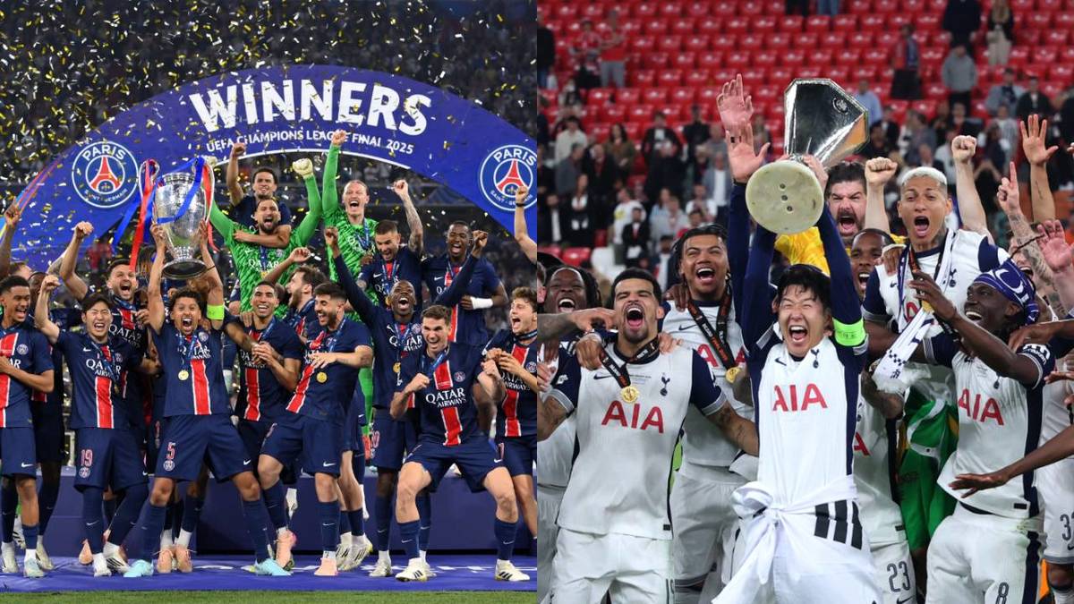 Tim PSG saat menjuarai Liga Champions 2025 dan Tottenham Hotspur saat menjuarai Liga Europa 2025.