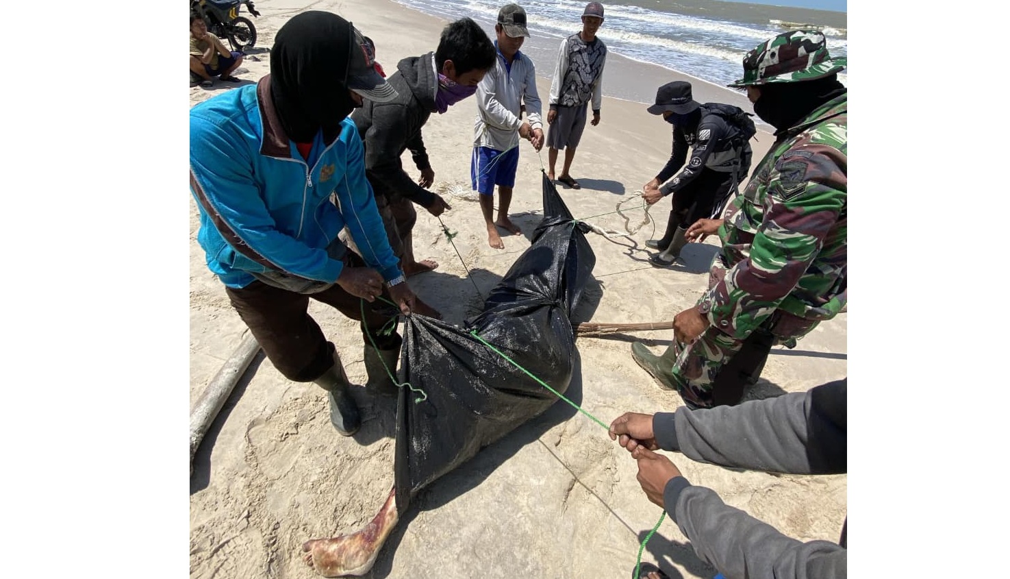 DITEMUKAN: Korban ABK Kapal ditemukan di pesisir pantai Desa Sungqi Perlu, Kamis (14/8). (TIM SAR/RADAR SAMPIT)