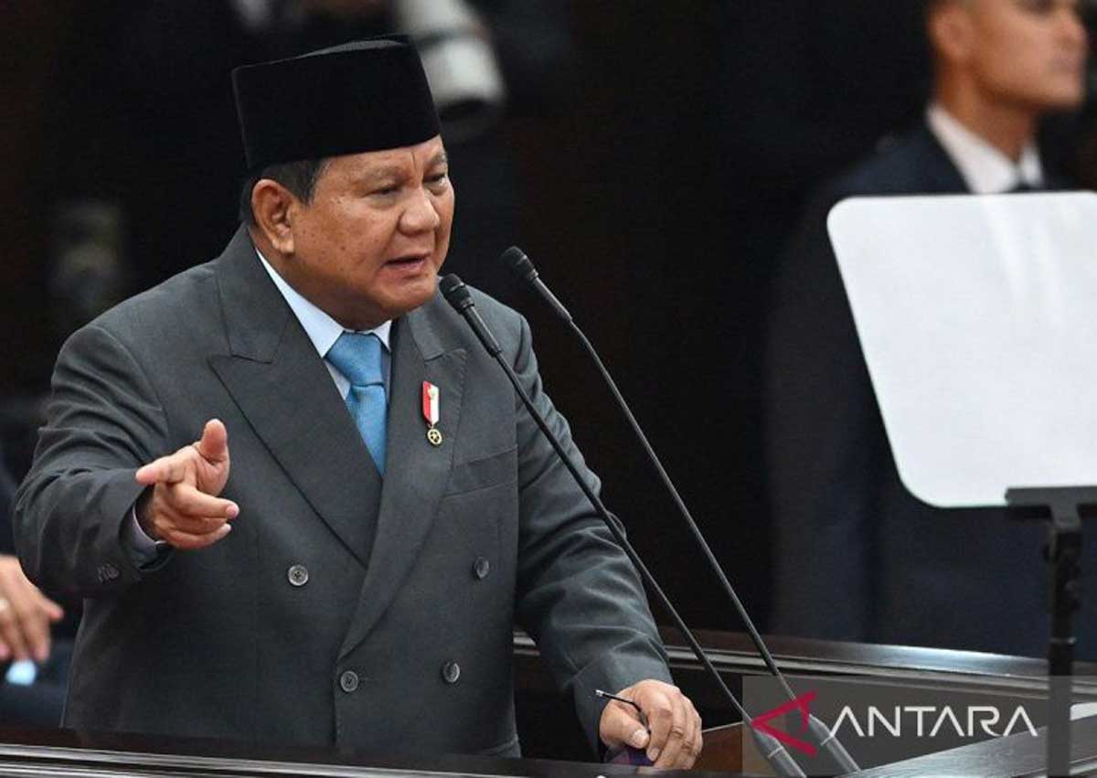 PIDATO KENEGARAAN: Presiden Prabowo Subianto menyampaikan pidato di Gedung Nusantara, Kompleks Parlemen, Jakarta, Jumat (15/8/2025).