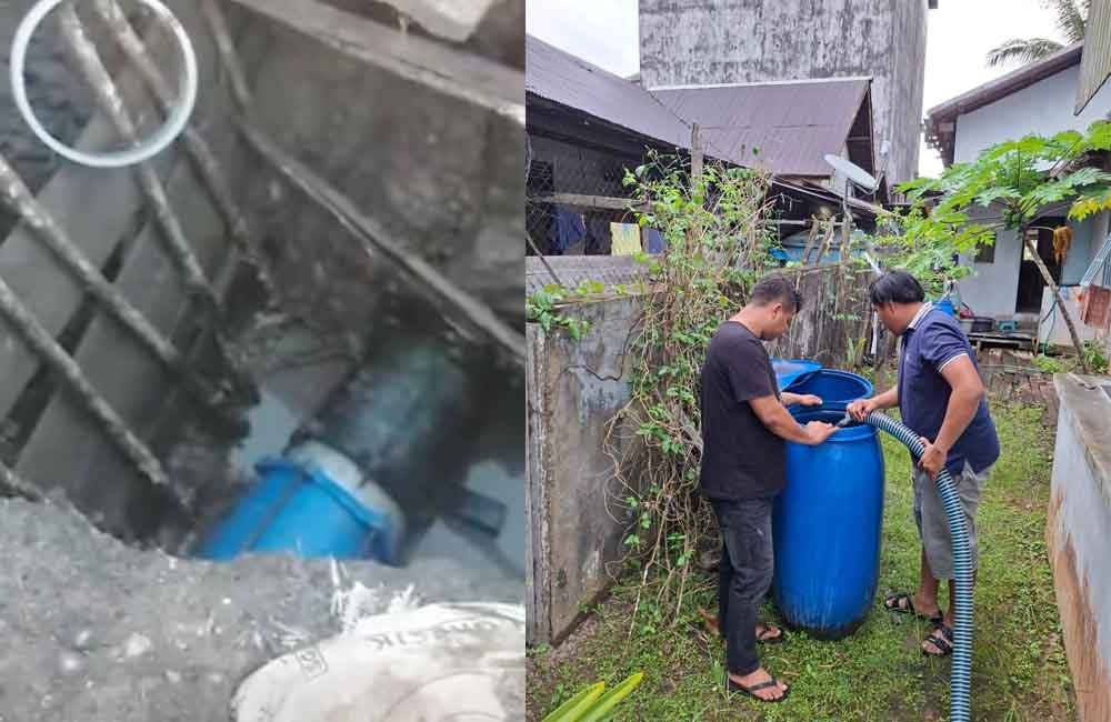 Pipa induk berdiameter 16 inci di Jalan HM Arsyad Kilometer 30 yang bocor, tampak juga penyaluran air bersih ke rumah-rumah warga di Samuda Kecamatan Mentaya Hilir Selatan.