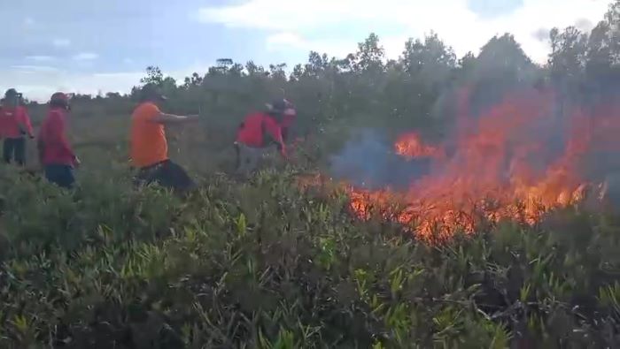 KARHAN: Lahan seluas 10 hektare di perbatasan Desa Teluk Bogam dan Desa Keraya, Kecamatan Kumai, Kabupaten Kobar, terbakar, Jumat (12/9/2025). FOTO: DOK.BPBD KOBAR/RADAR SAMPIT