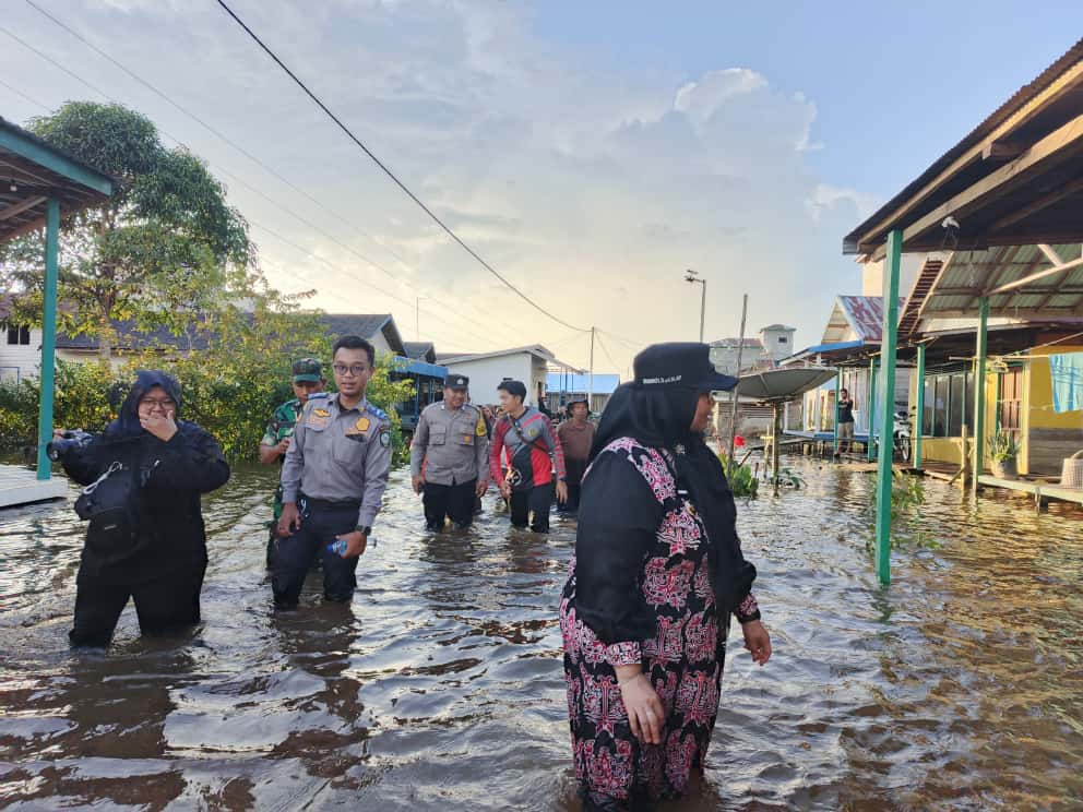 Wakil Bupati Kotim Irawati saat memantau banjir di Desa Hanjalipan, Kecamatan Kota Besi, baru-baru ini. (BPBD Kotim)