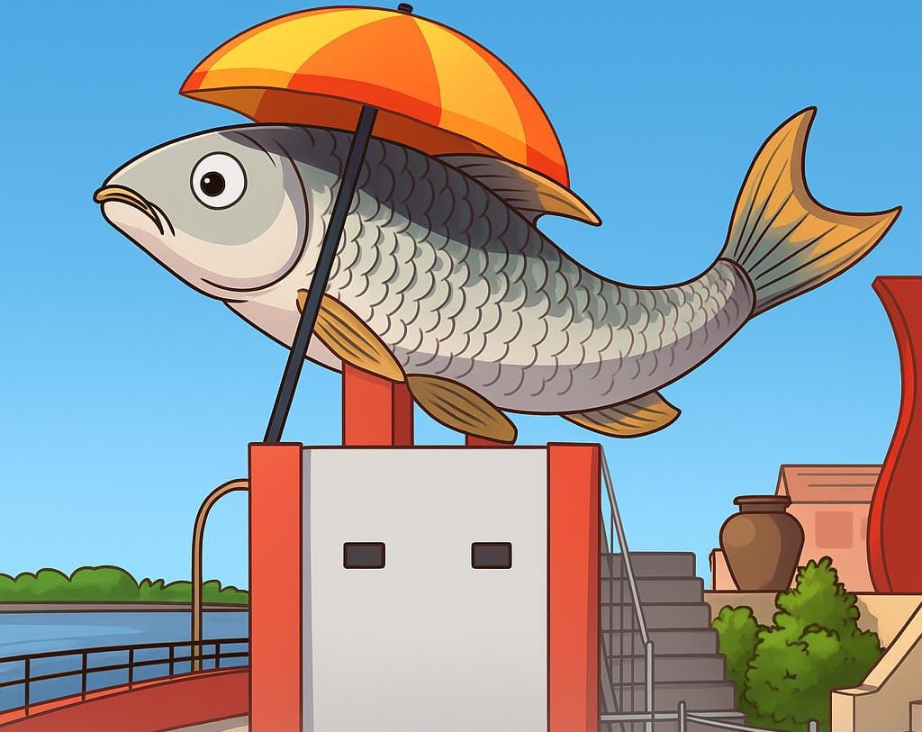Ilustrasi patung ikan Jelawat pakai payung. (Dibuat dengan akal imitasi)