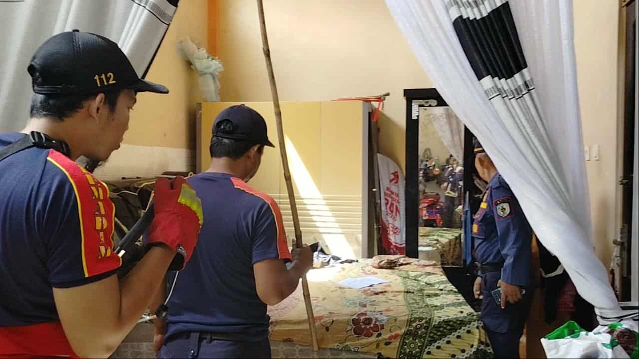 Tim Rescue Damkar Kota Palangka Raya saat mencari  seekor biawak di dalam kamar sebuah rumah di Jalan Iskandar, (18/10).