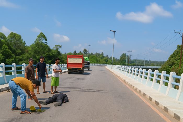 PERISTIWA: Kecelakaan tunggal terjadi di jembatan Pile Slab Sugianto Sabran, Kecamatan Kotawaringin Lama (Kolam), Kabupaten Kotawaringin Barat (Kobar), Sabtu (1/11/2025). FOTO: IST/RADAR SAMPIT