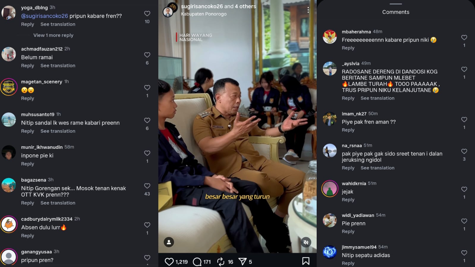 Tangkapan layar akun instagram Bupati Ponorogo Sugiri Sancoko yang dibanjiri komen netizen (Instagram)
