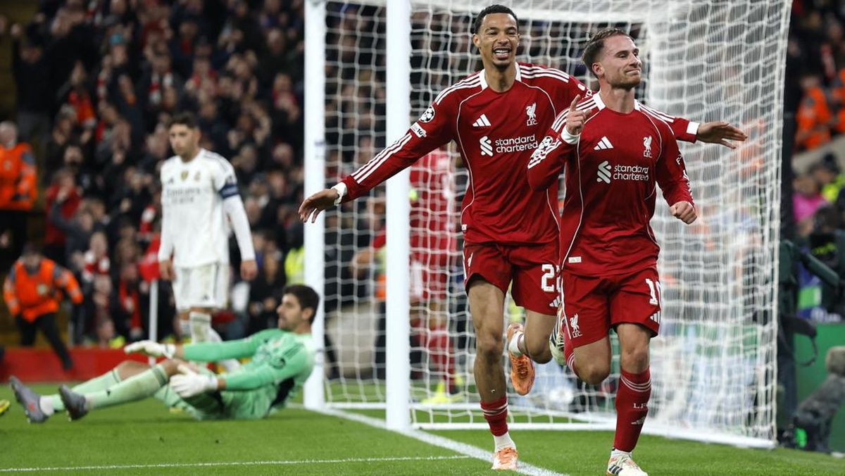 Selebrasi pemain Liverpool usai mencetak gol ke gawang Real Madrid pada Matchday 4, UCL 2025/2026, Rabu (5/11) dini hari WIB.