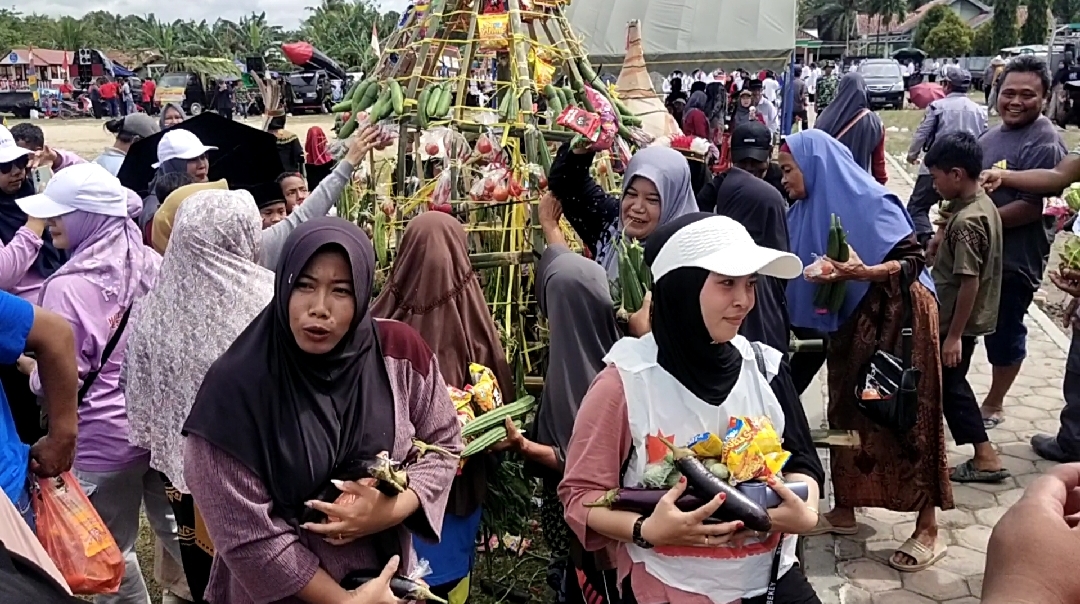 Warga berebut hasil bumi yang diarak dalam karnaval HUT ke 19 Desa Sungai Melawen, Kecamatan Pangkalan Lada, Kotawaringin Barat, (16/11).
