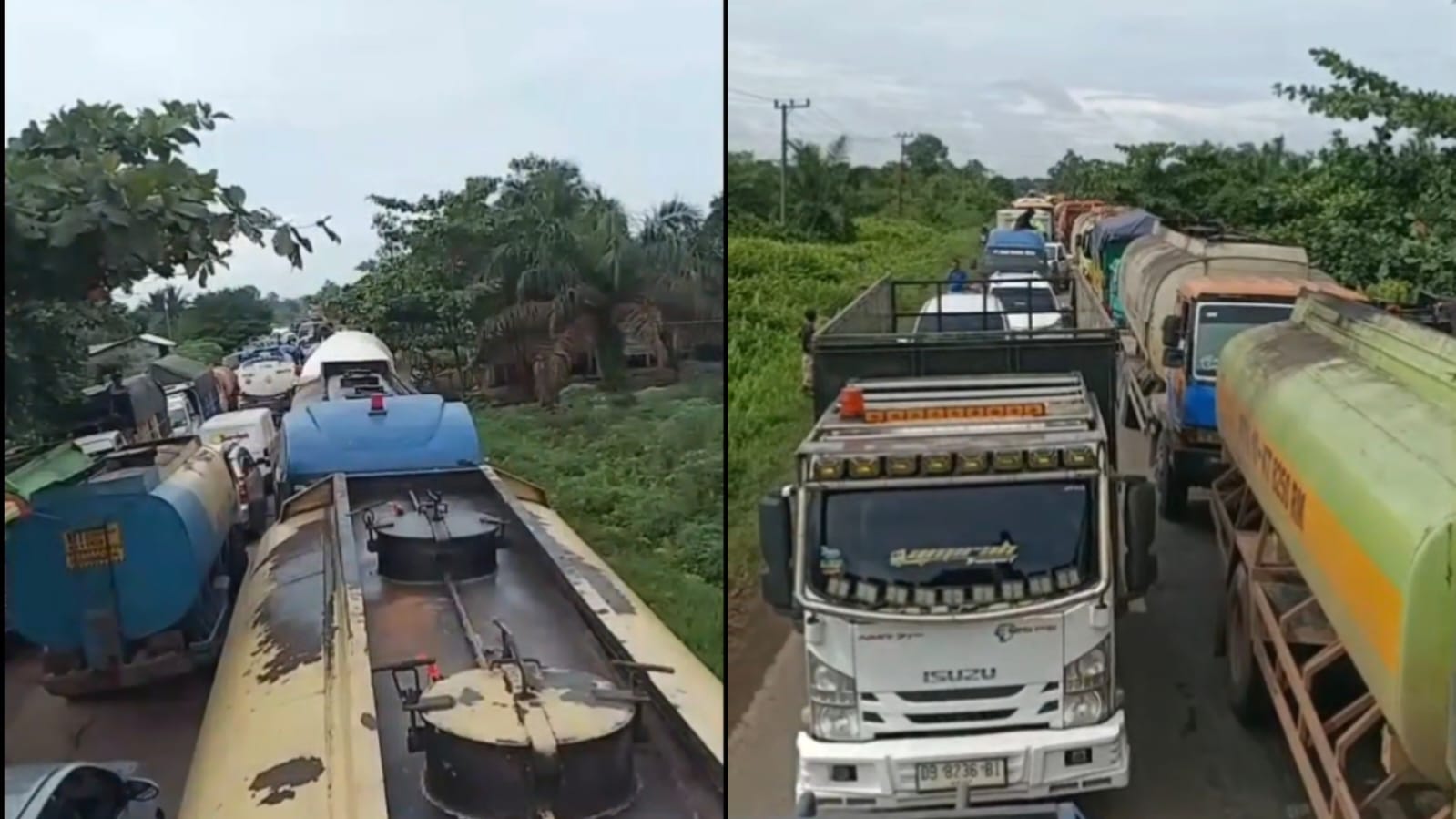 Kemacetan parah terjadi di kawasan Jembatan Sei Lenggana, Jalan Jenderal Sudirman Kilometer 21, Sabtu (22/11/2025).