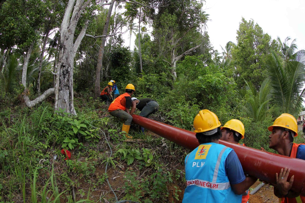 Petugas PLN saat memasang tiang listrik di wilayah pedesaan