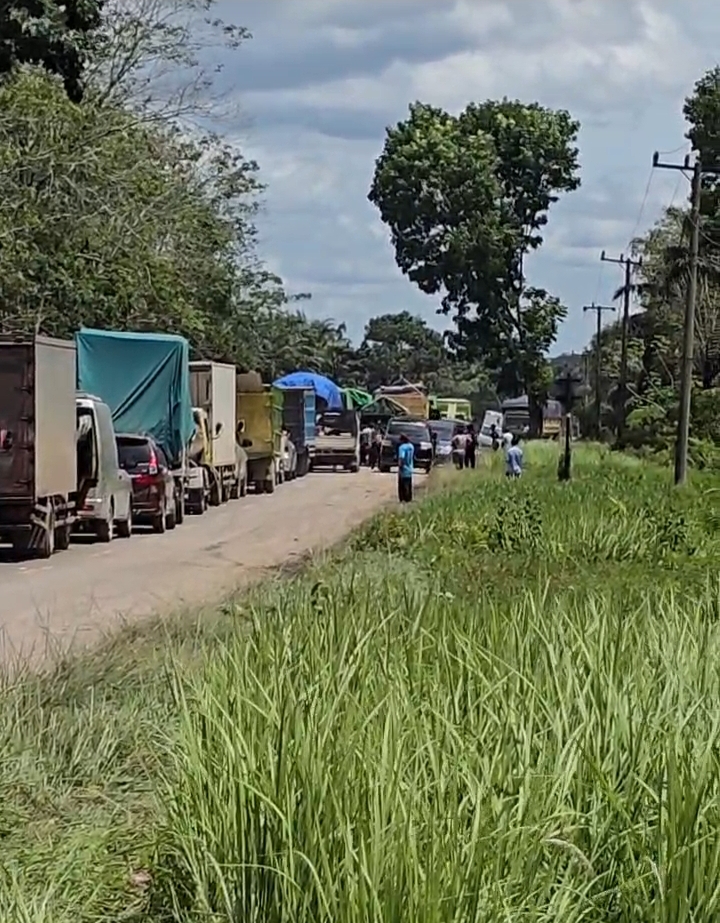 Kemacetan parah terjadi di kilometer 52, Desa Pangkalan Tiga, Kecamatan Pangkalan Lada, Kabupaten Kotawaringin Barat, Selasa (25/11).
