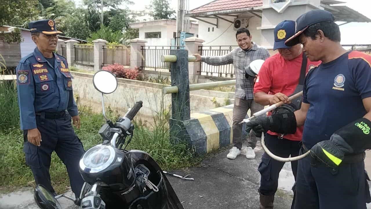 Tim Rescue Damkar Kota Palangka Raya setelah berhasil menangkap seekor anak Ular Piton yang bersembunyi di sebuah motor Honda Scoopy milik seorang pengendara pria, Selasa (2/12).