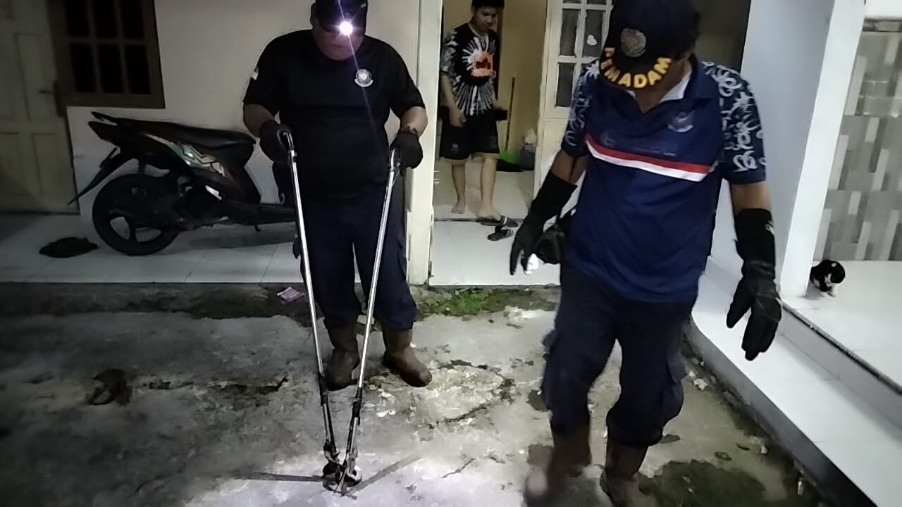 Tim Rescue Dinas Damkar Kota Palangka Raya saat mengevakuasi ular piton di salah satu kediaman warga pada Sabtu (13/12) malam.