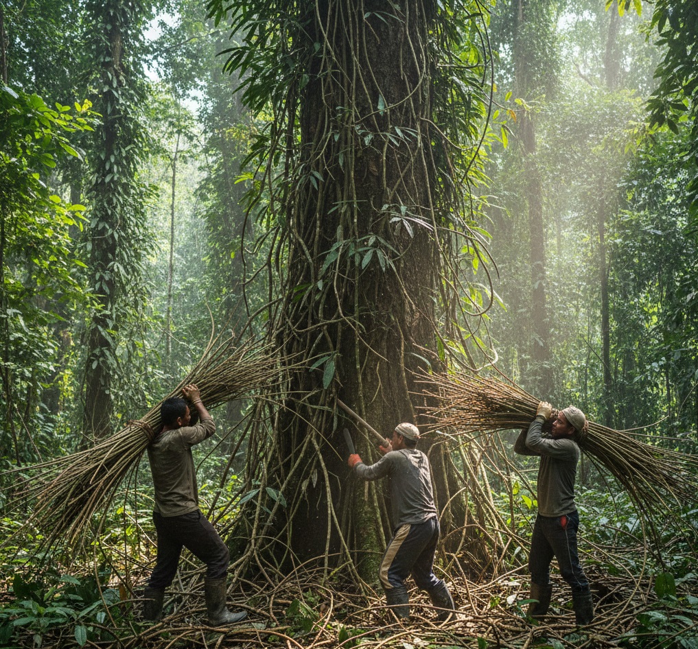 ilustrasi-aktivitas panen petani rotan di sekitar hutan