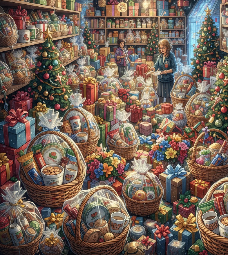 Ilustrasi aktivitas di toko parcel dan hampers natal