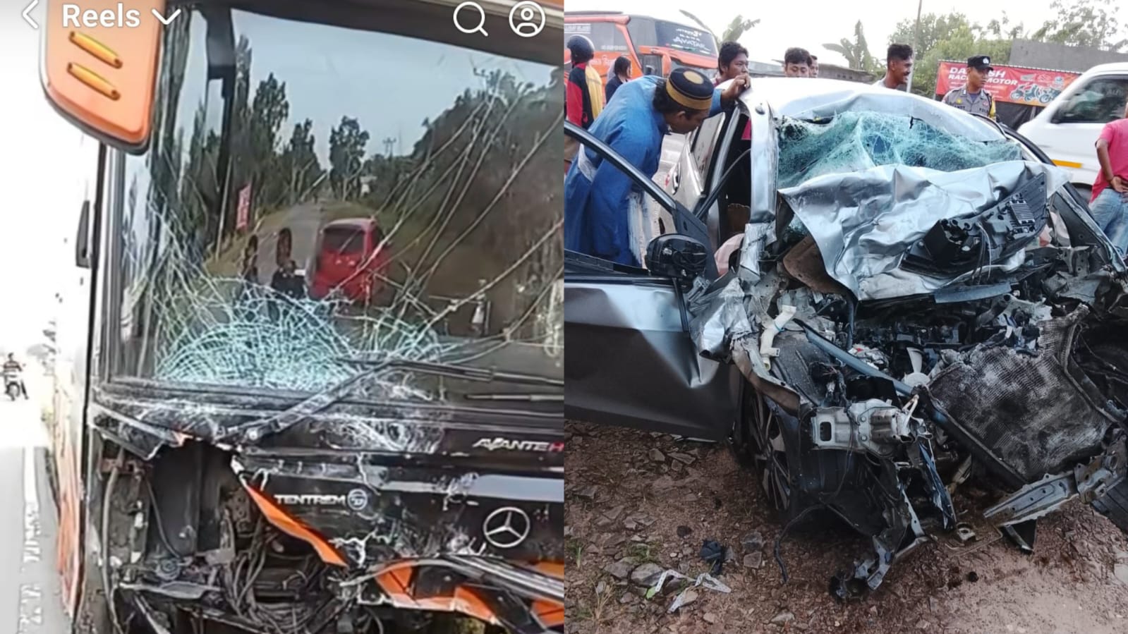 Kondisi mobil Brio dan bus Yessoe yang terlibat laka di Jalan Ahmad Yani, Desa Pandu Senjaya, Kecamatan Pangkalan Lada, Kabupaten Kotawaringin Barat, Rabu (24/12). (warga/Radar Sampit)